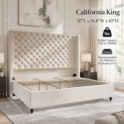 Cush Upholstered Bed Frame with Tall Wingback Headboard-California King-Cream