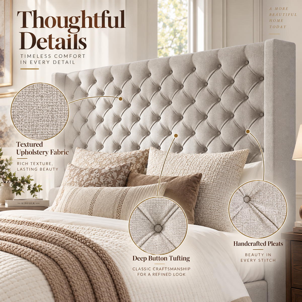 Cush Upholstered Bed Frame with Tall Wingback Headboard-California King-Ash White