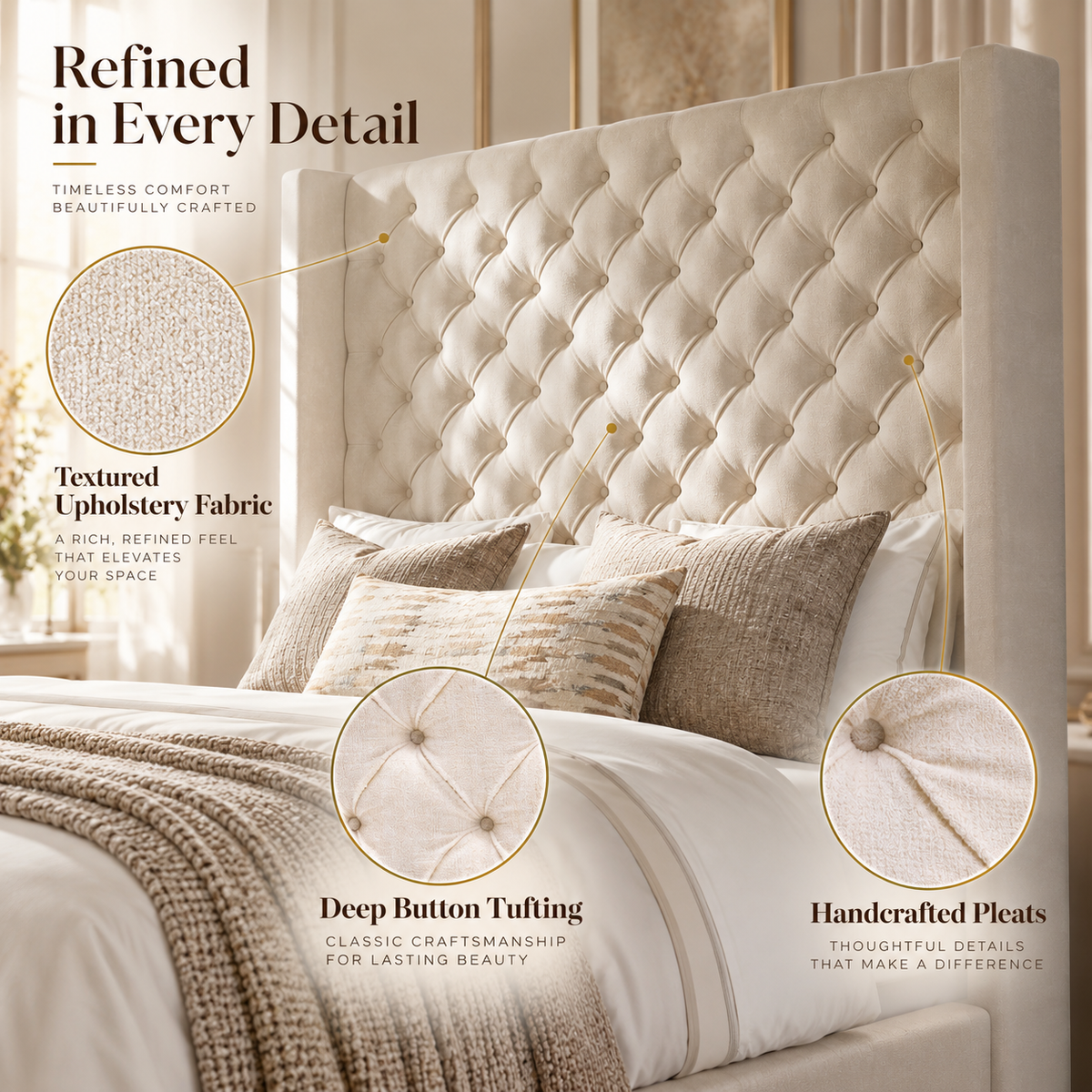 Cush Upholstered Bed Frame with Tall Wingback Headboard-Queen-Cream