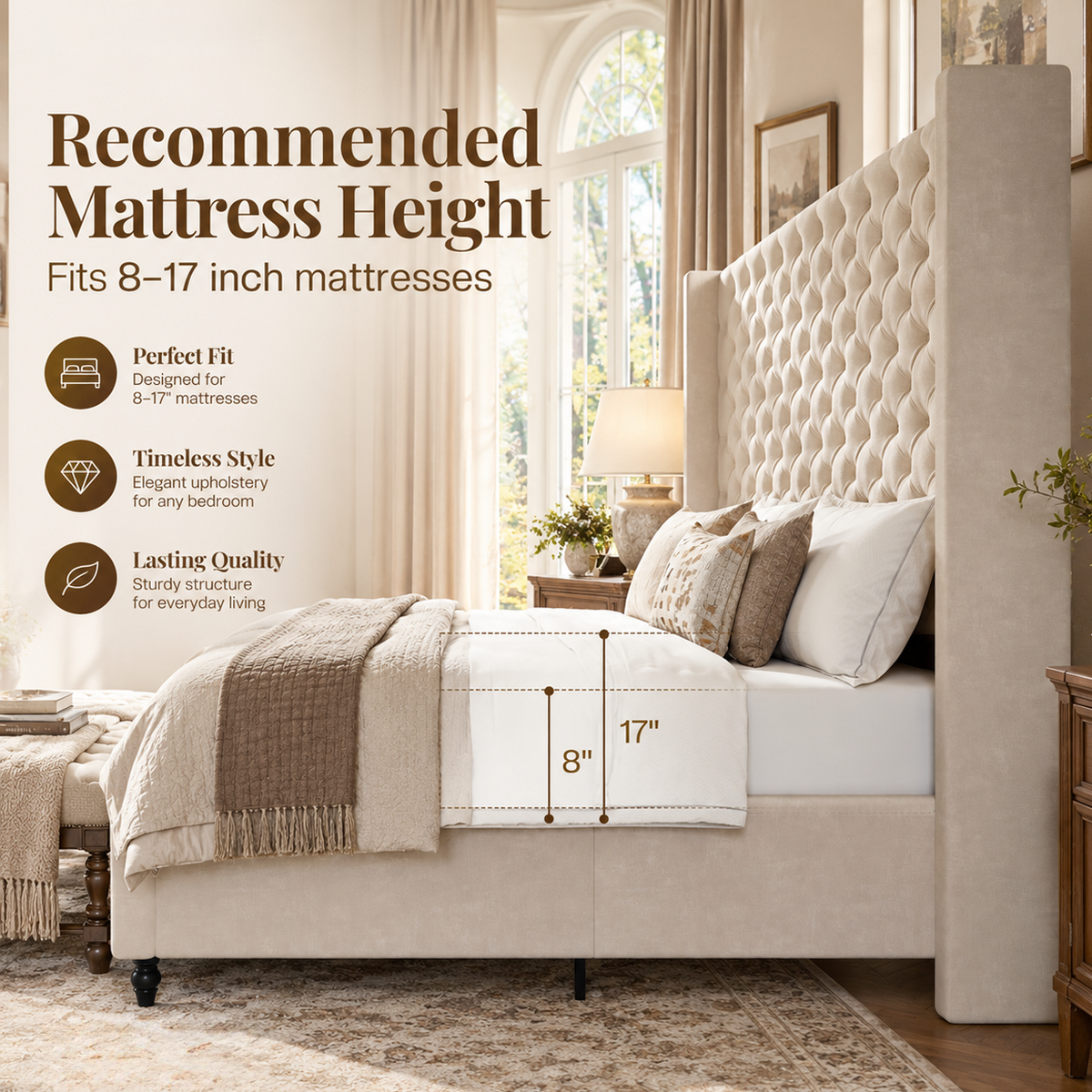 Cush Upholstered Bed Frame with Tall Wingback Headboard-Queen-Cream