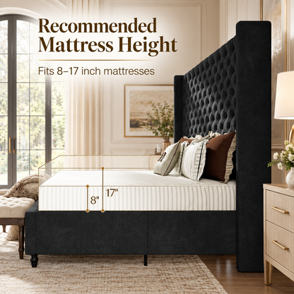 Cush Upholstered Bed Frame with Tall Wingback Headboard-Queen-Black