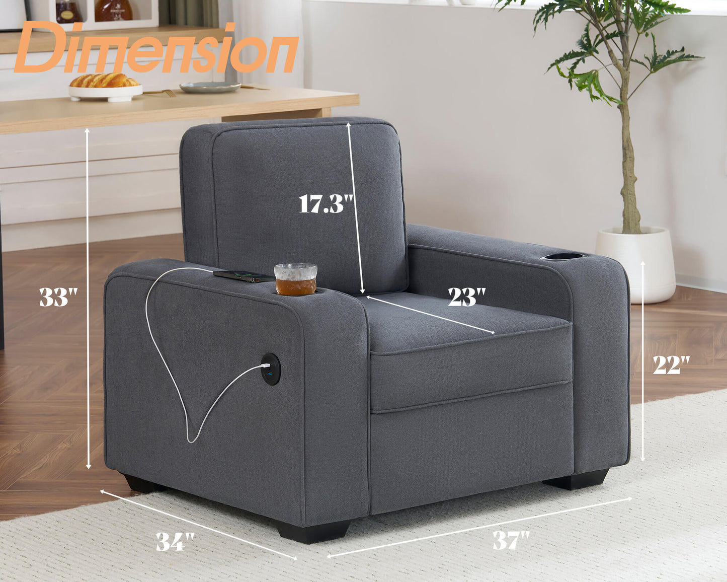 Chords Deep Seat Sofa Chair - Chenille Charcoal Grey
