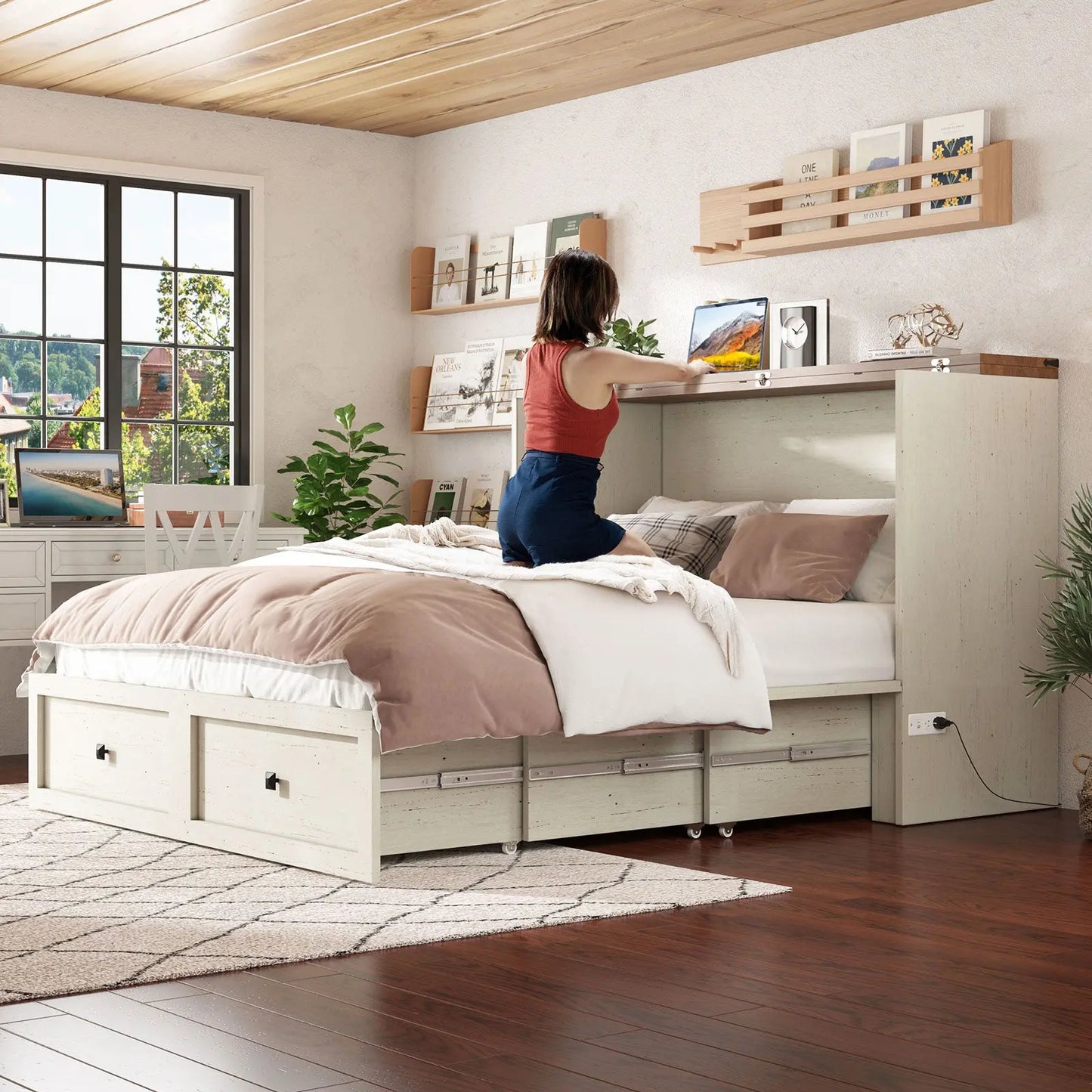 Colton Foldable Murphy Bed Amerlife Queen / Rustic White