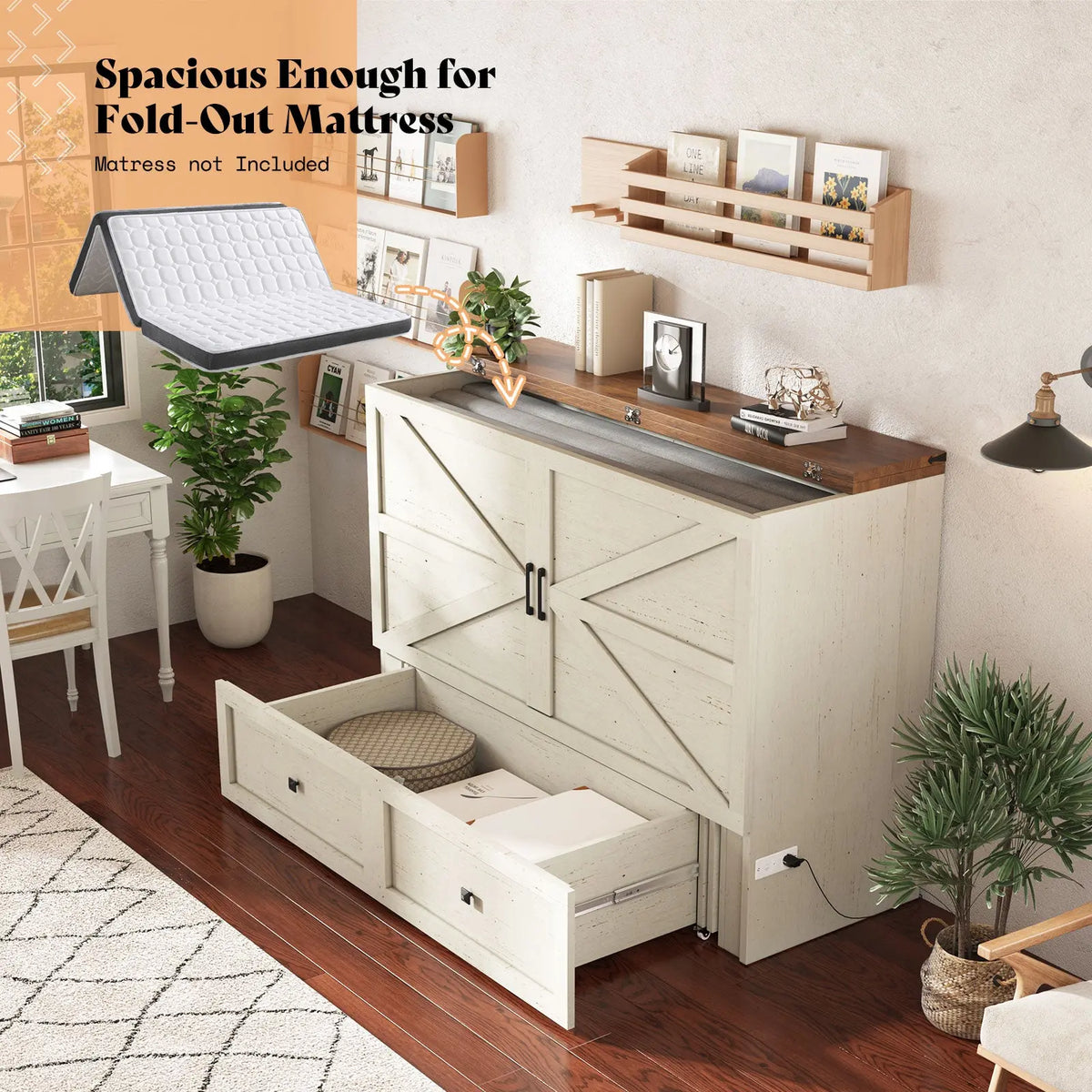 Colton Foldable Murphy Bed Amerlife Queen / Rustic White