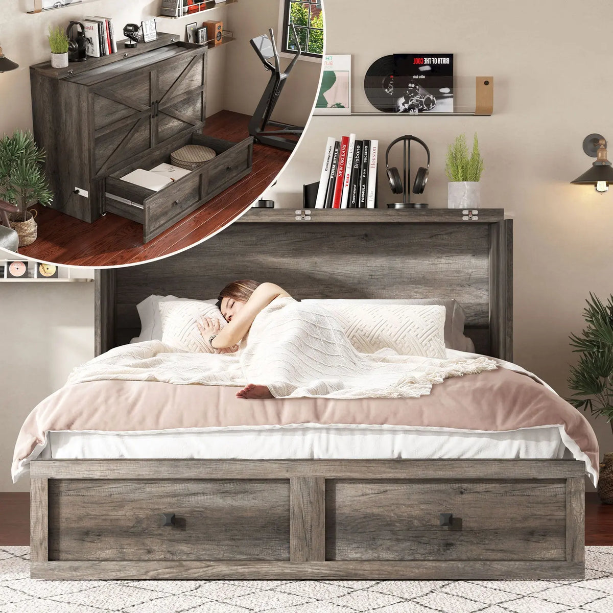 Colton Foldable Murphy Bed Amerlife Queen / Rustic Grey
