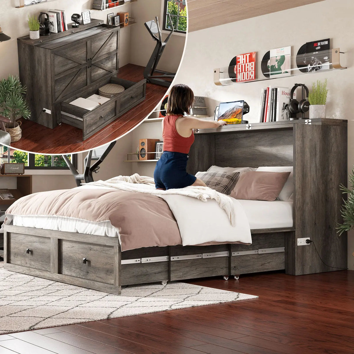 Colton Foldable Murphy Bed Amerlife Queen / Rustic Grey