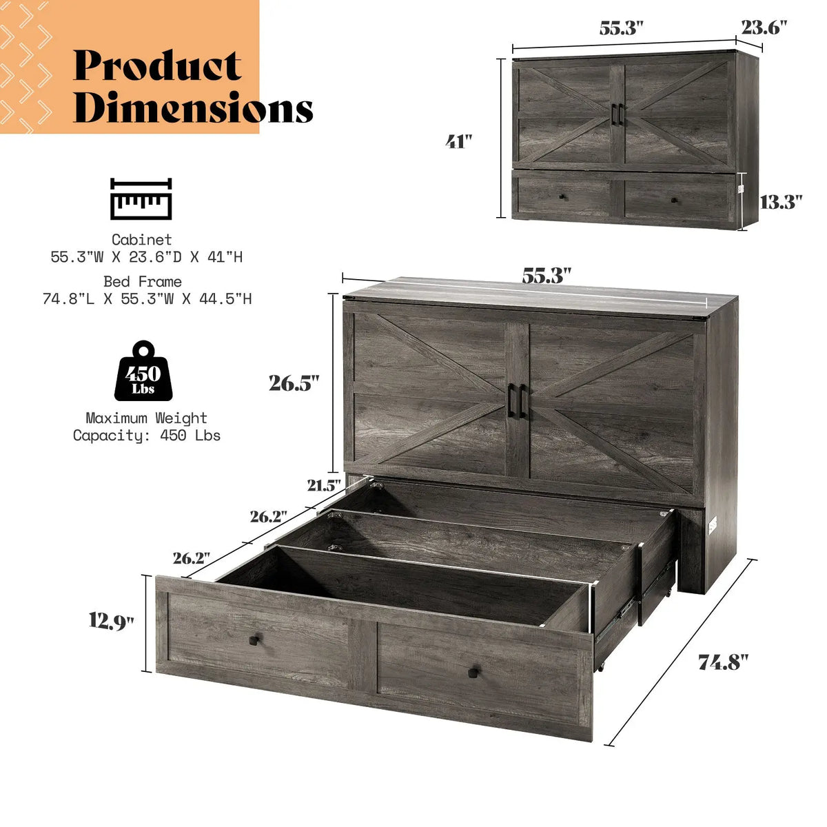 Colton Foldable Murphy Bed Amerlife Full / Rustic Grey
