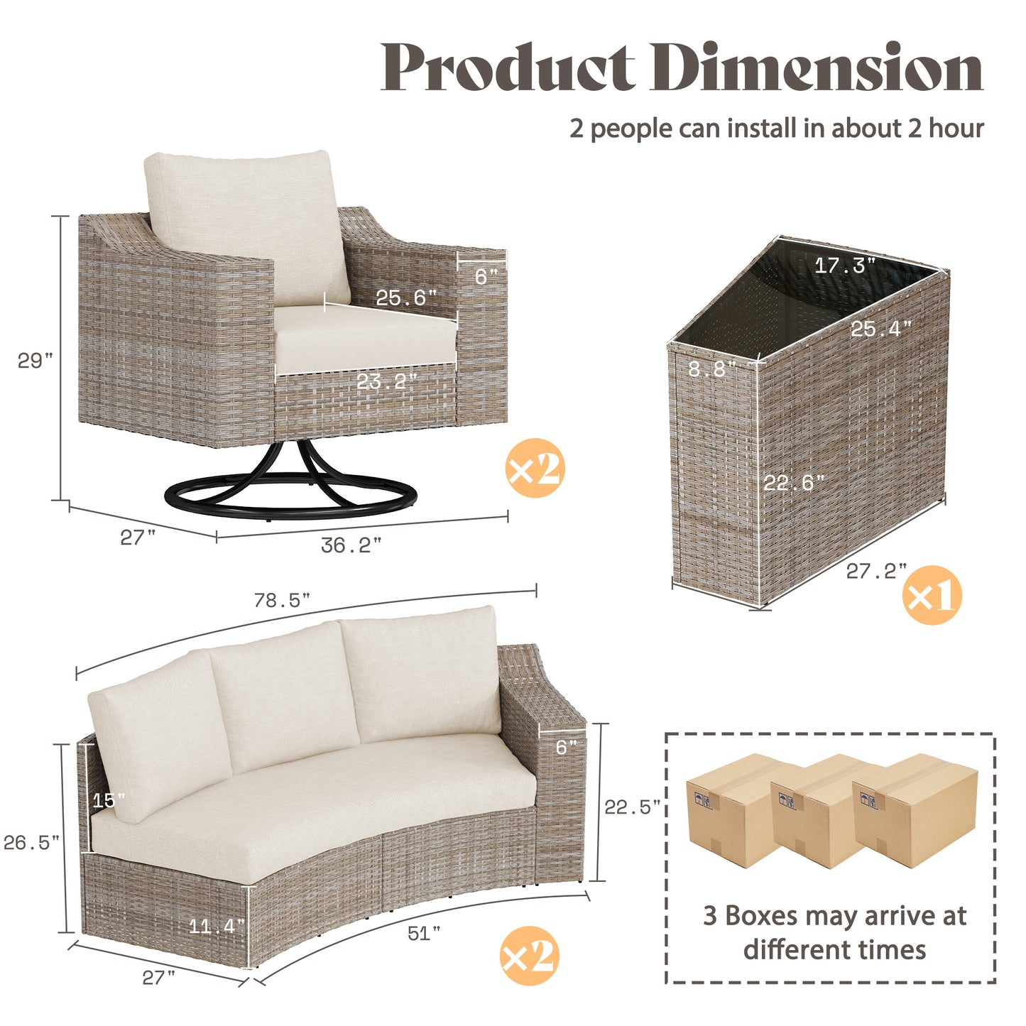 Caelo Wicker Patio Sectional Set 9 PCS - Swivel Glider & Sofa & Storage Table