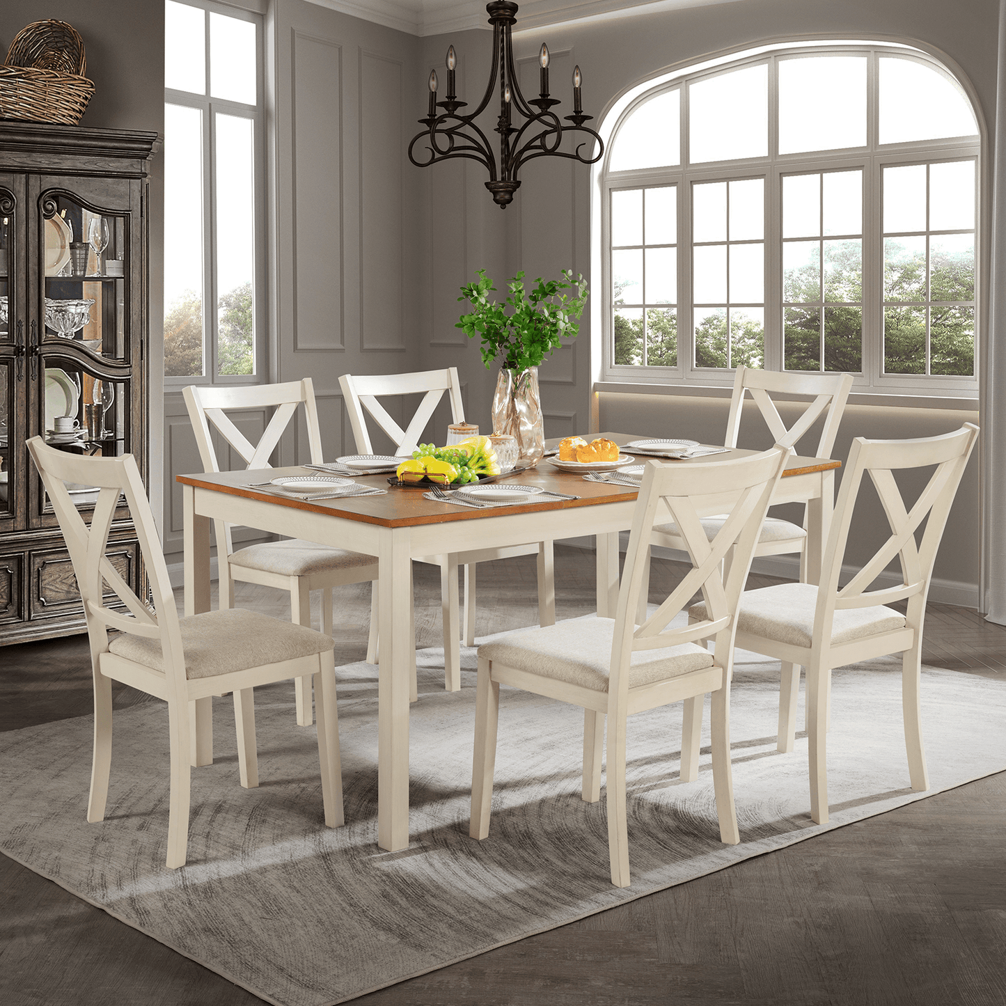 Willow 7-Piece Dining Table Set Amerlife 7-Piece / Cream & Brown