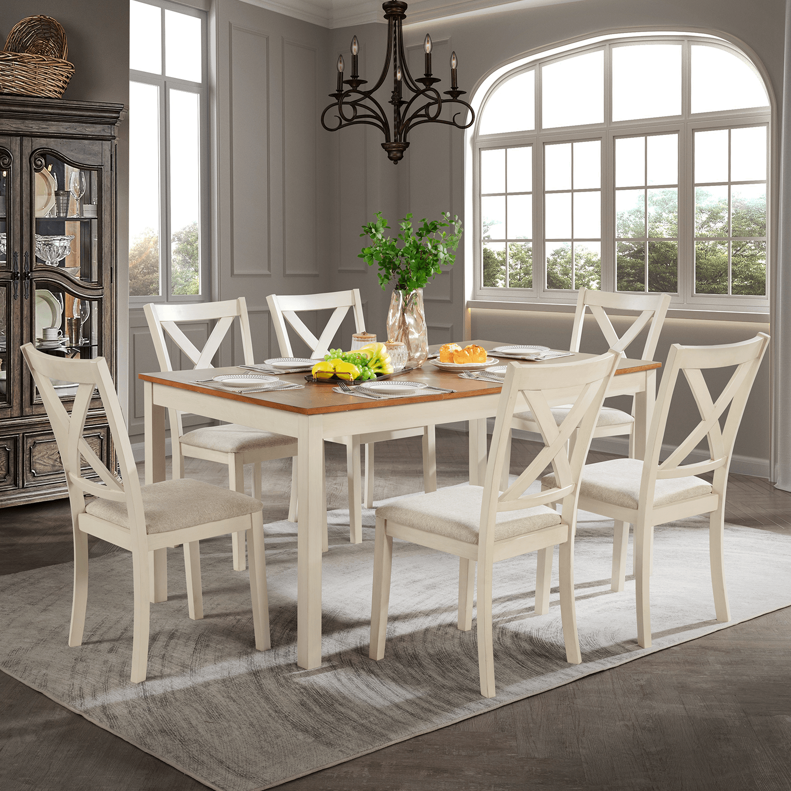 Willow 7-Piece Dining Table Set Amerlife 7-Piece / Cream & Brown