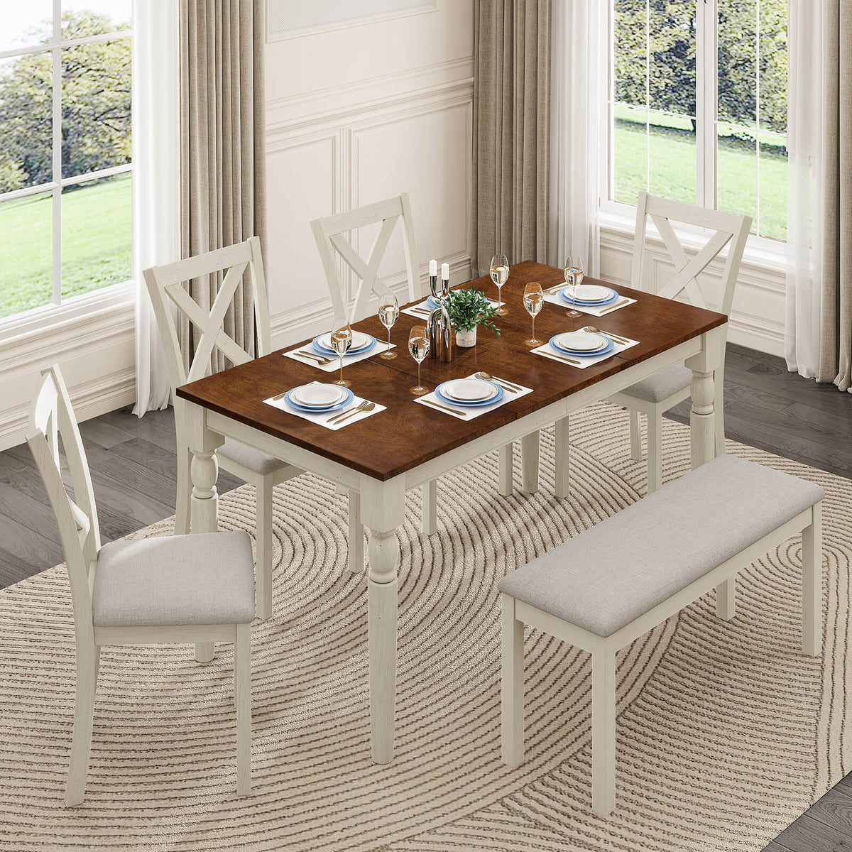Spur 6-Piece Dining Table Set Amerlife 6-Piece / White & Brown
