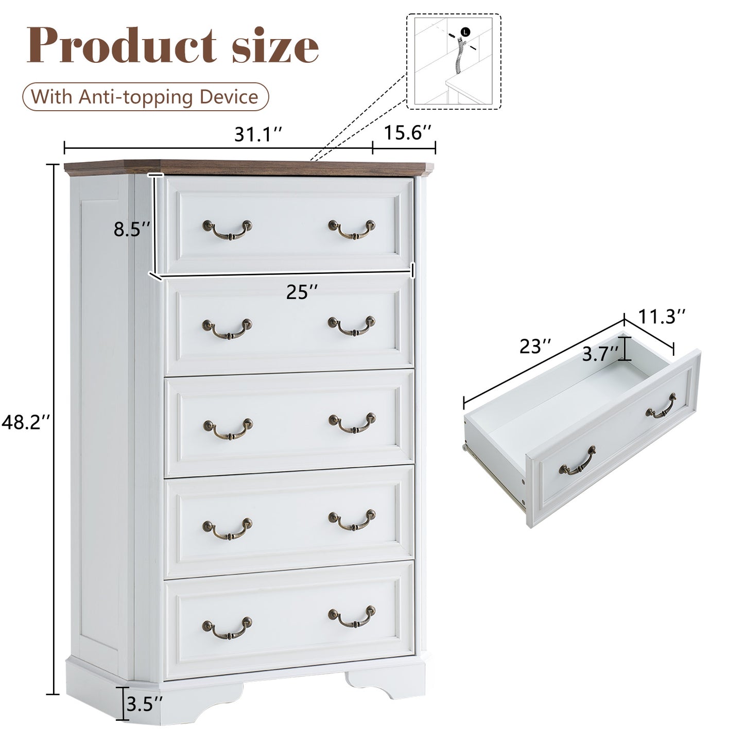 Somer 5-Drawers Dresser Bevel Shape - Antique White