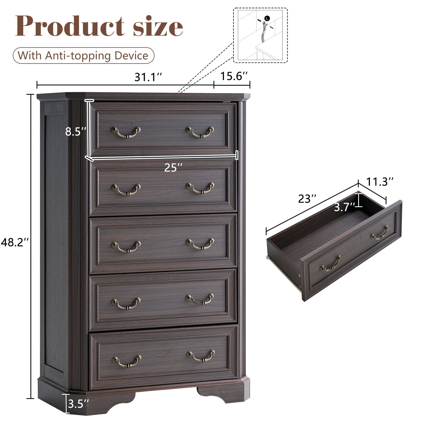 Somer 5-Drawers Dresser Bevel Shape - Golden Brown
