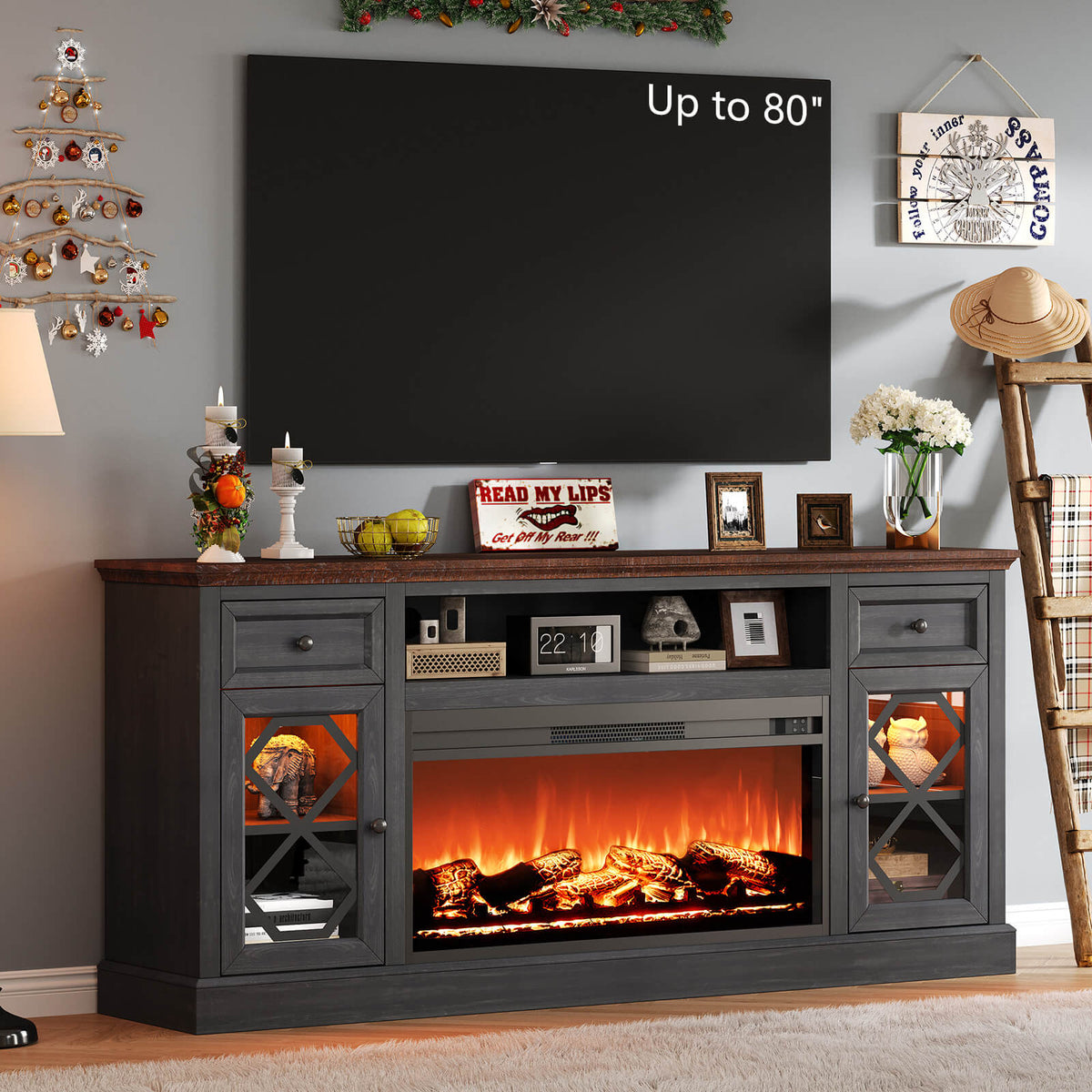 Liviana 70" Fireplace TV Stand - Espresso & Drak Grey