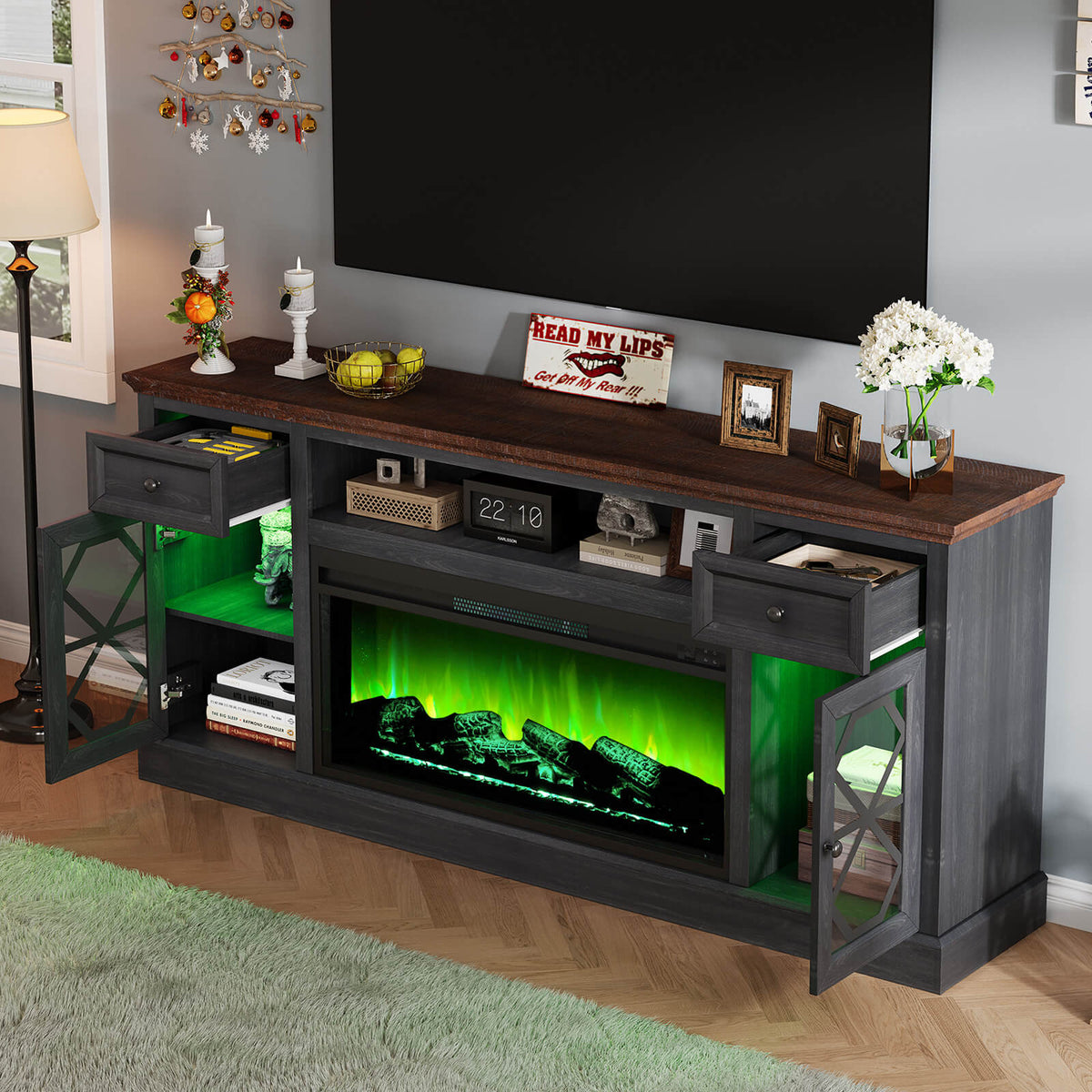 Liviana 70" Fireplace TV Stand - Espresso & Drak Grey