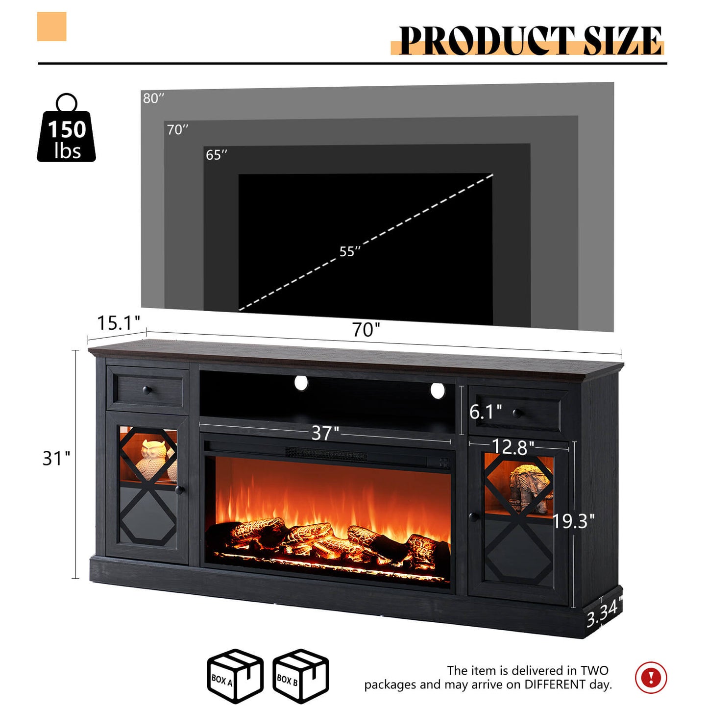 Liviana 70" Fireplace TV Stand - Espresso & Drak Grey