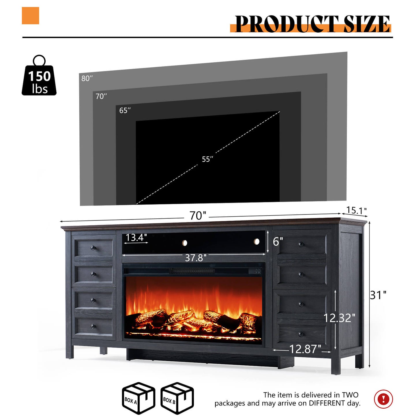 Shipston 70" Fireplace TV Stand - Espresso & Dark Gray