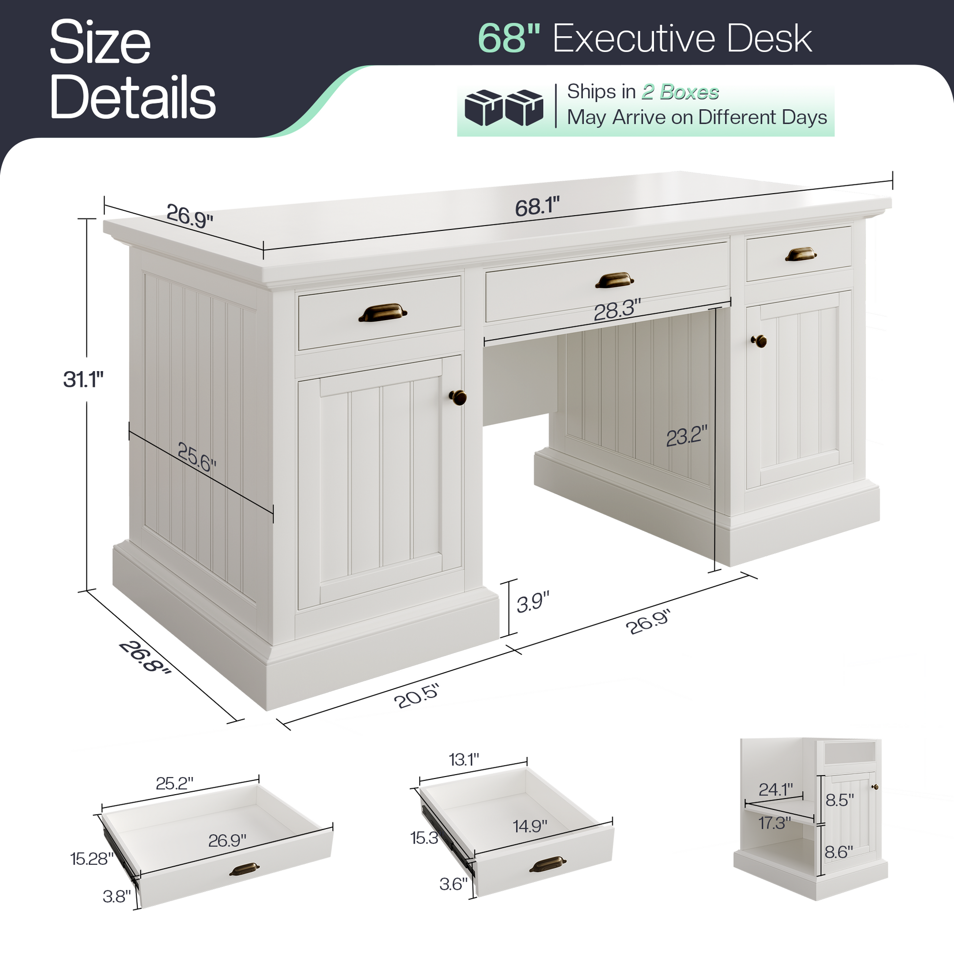 Rib Fluted Executive Office Desk White