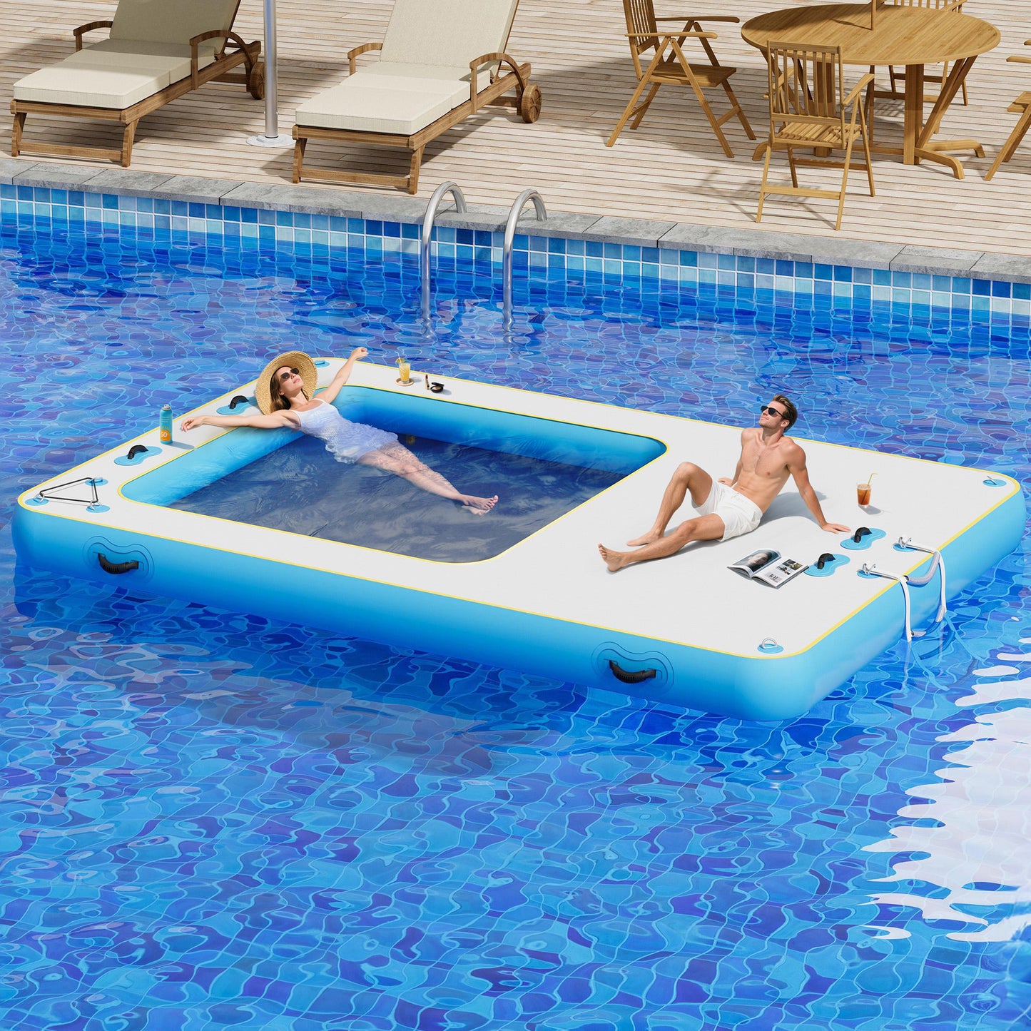 Ploov Inflatable Floating Dock - Recessed Pool / 12x8 FT / Blue & White
