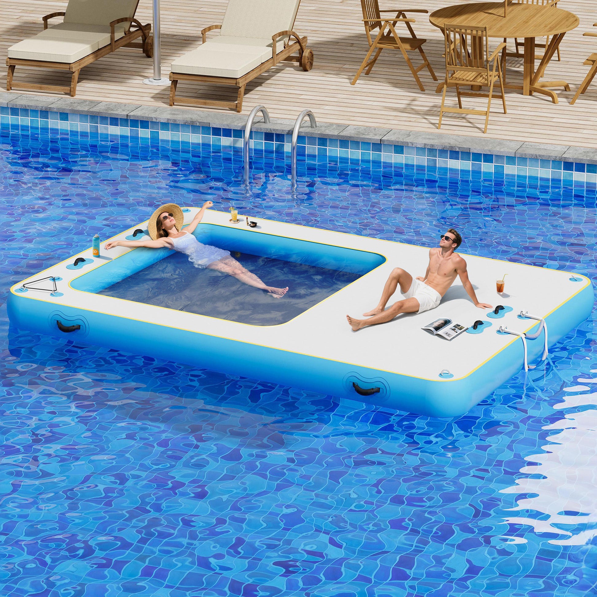 Ploov Inflatable Floating Dock - Recessed Pool / 12x8 FT / Blue & White