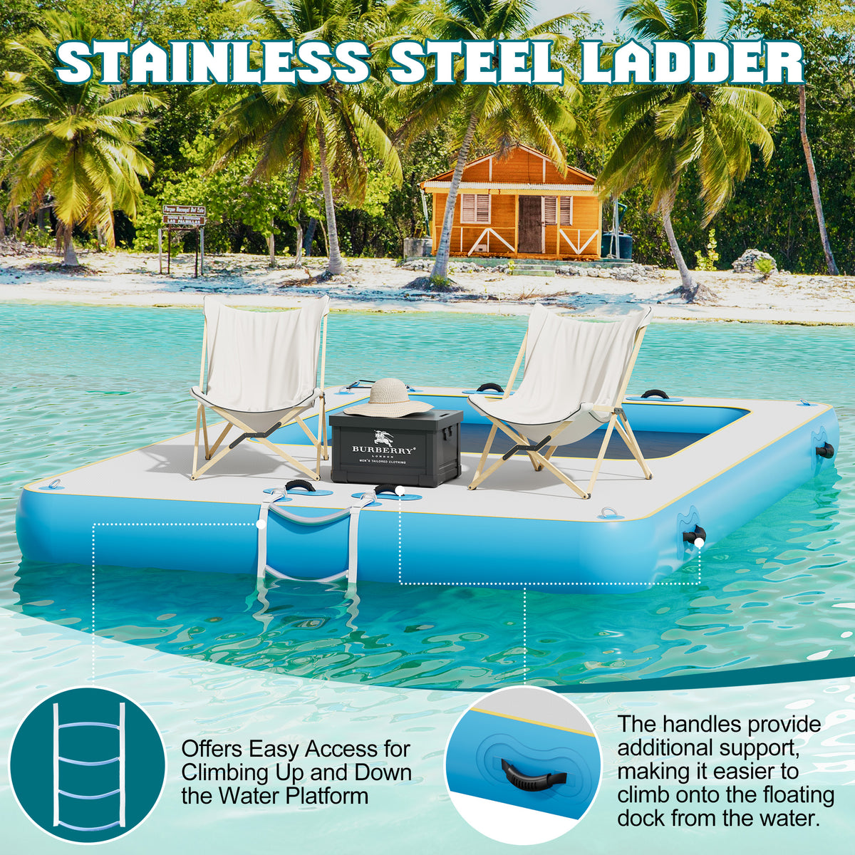 Ploov Inflatable Floating Dock - Recessed Pool / 12x8 FT / Blue & White