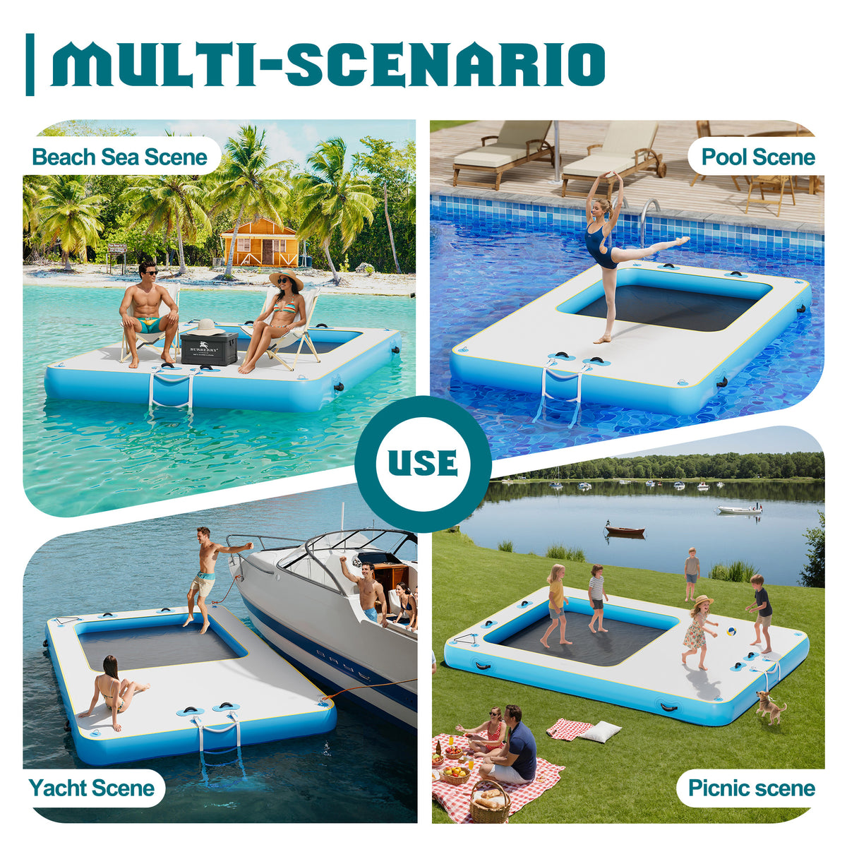 Ploov Inflatable Floating Dock - Recessed Pool / 12x8 FT / Blue & White