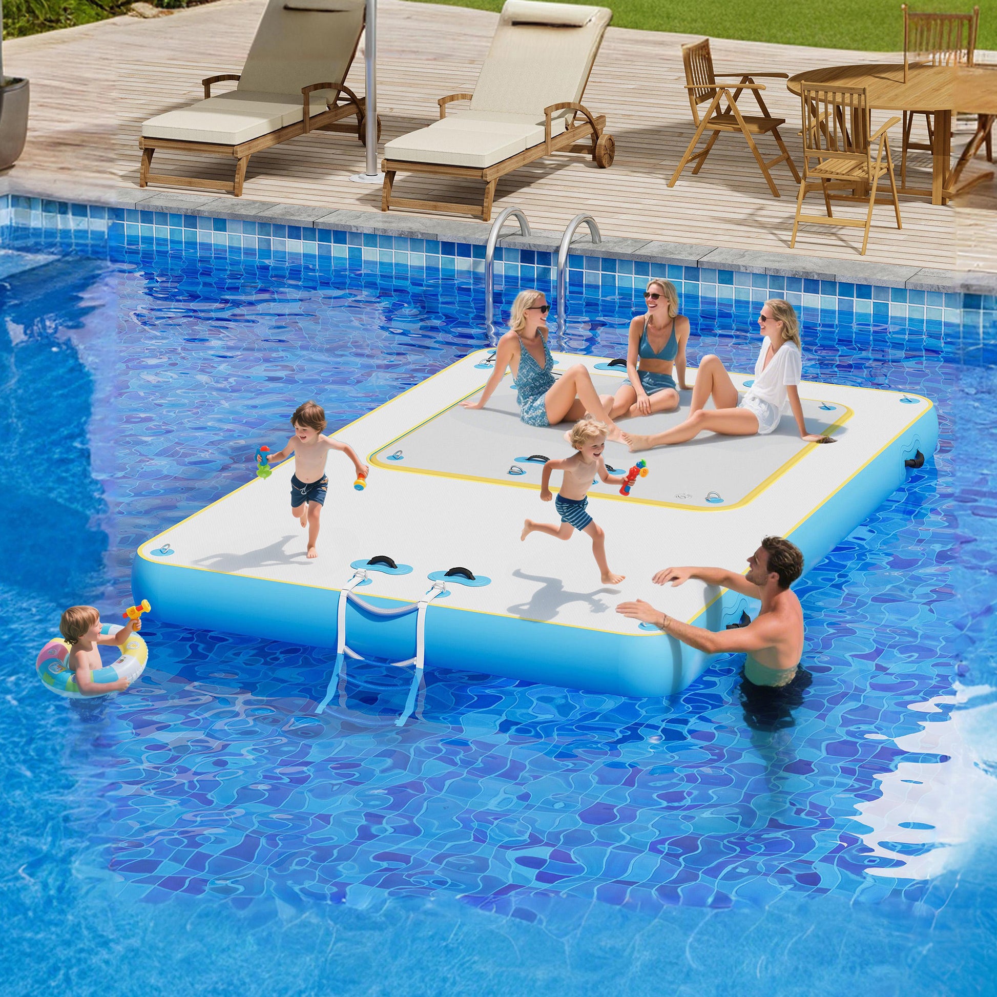 Ploov Inflatable Floating Dock - Recessed Pool / 12x8 FT / Blue & White