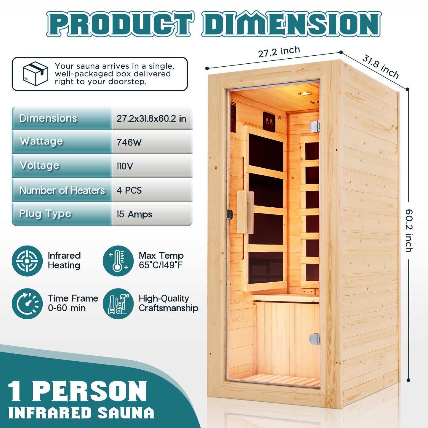 Low EMF Infrared Saunas for Home Amerlife 1-Person 27.2*31.8*60.2 Inch 