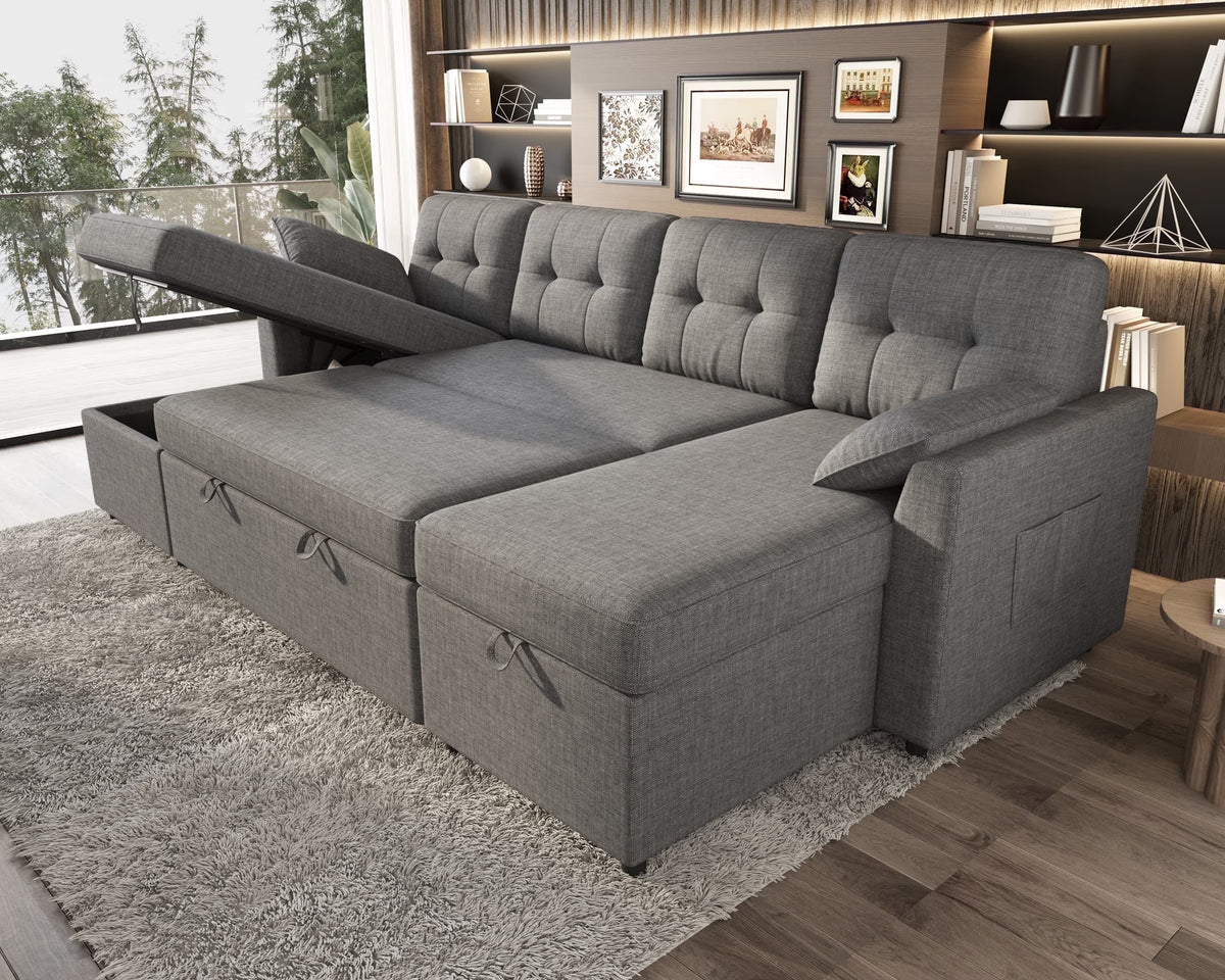 Sleeper Sofa Bed Amerlife Linen Grey / 4 Seats