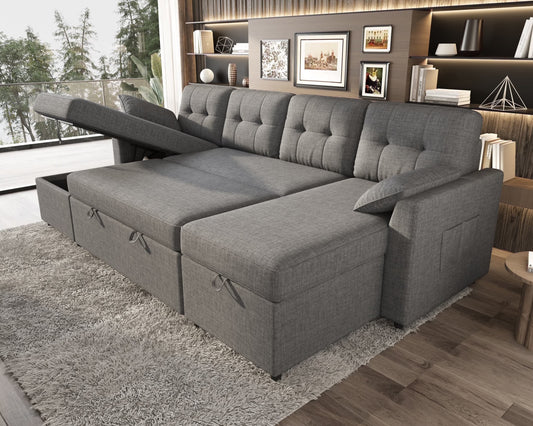 Sleeper Sofa Bed Amerlife Linen Grey / 4 Seats