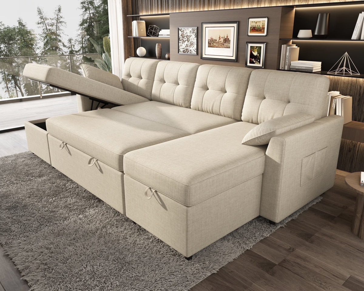 Sleeper Sofa Bed Amerlife Linen Beige / 4 Seats
