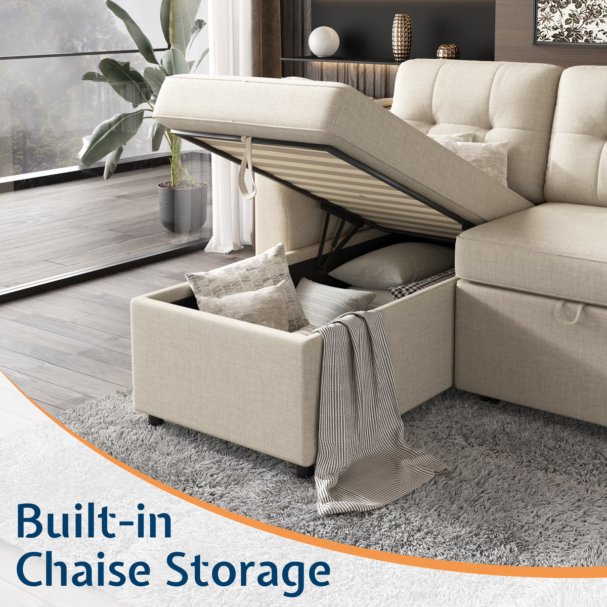 Sleeper Sofa Bed Amerlife Linen Beige / 4 Seats