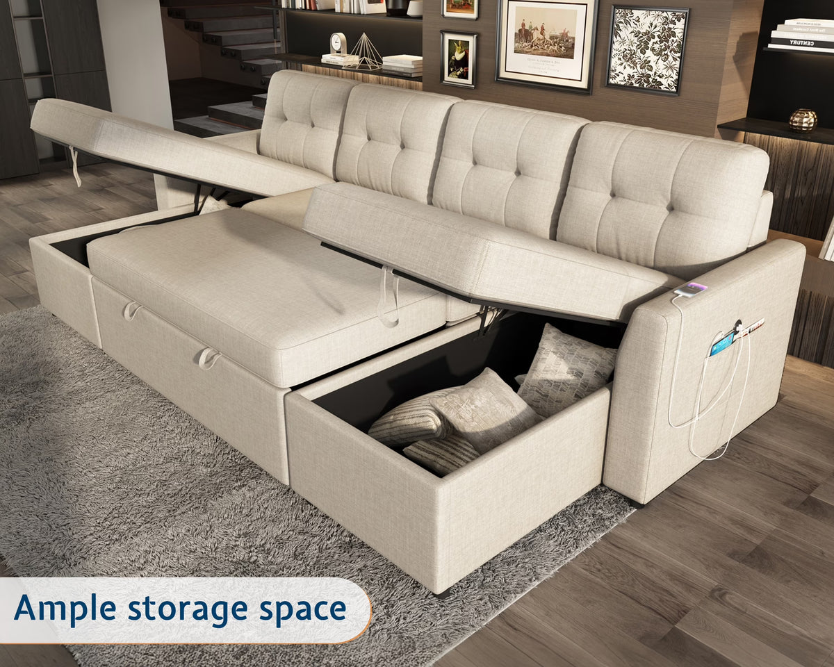 Sleeper Sofa Bed Amerlife Linen Beige / 4 Seats
