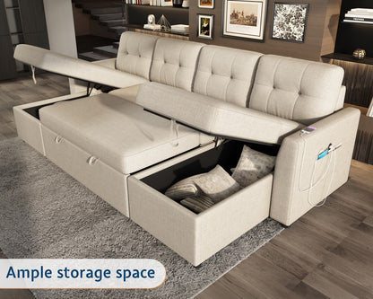 Sleeper Sofa Bed Amerlife Linen Beige / 4 Seats