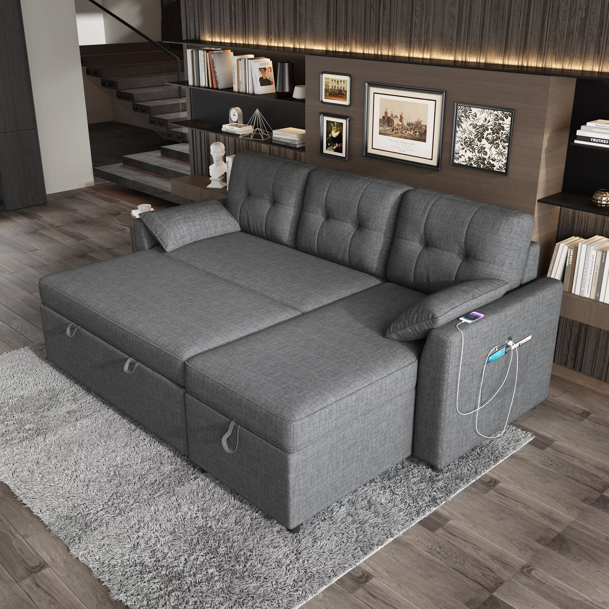Sleeper Sofa Bed Amerlife Linen Grey / 3 Seats