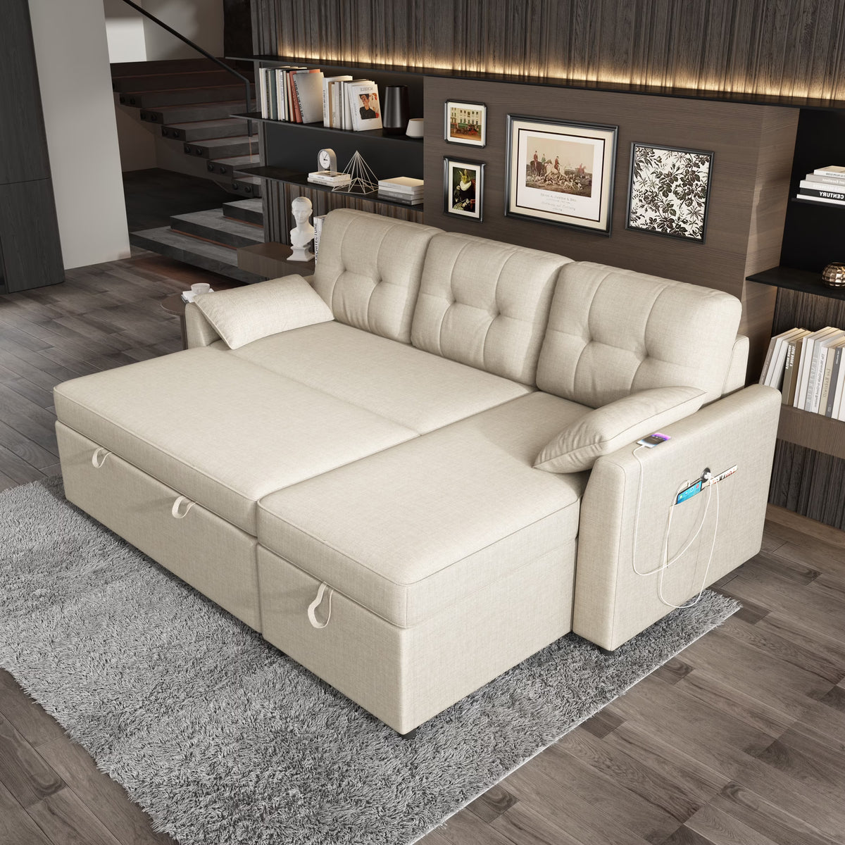 Sleeper Sofa Bed Amerlife Linen Beige / 3 Seats