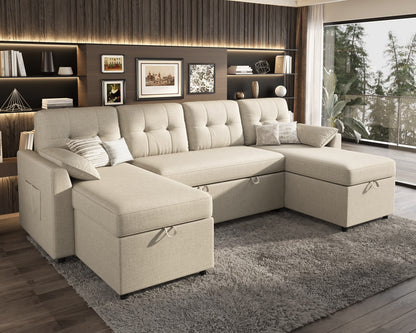 Sleeper Sofa Bed Amerlife Linen Beige / 4 Seats