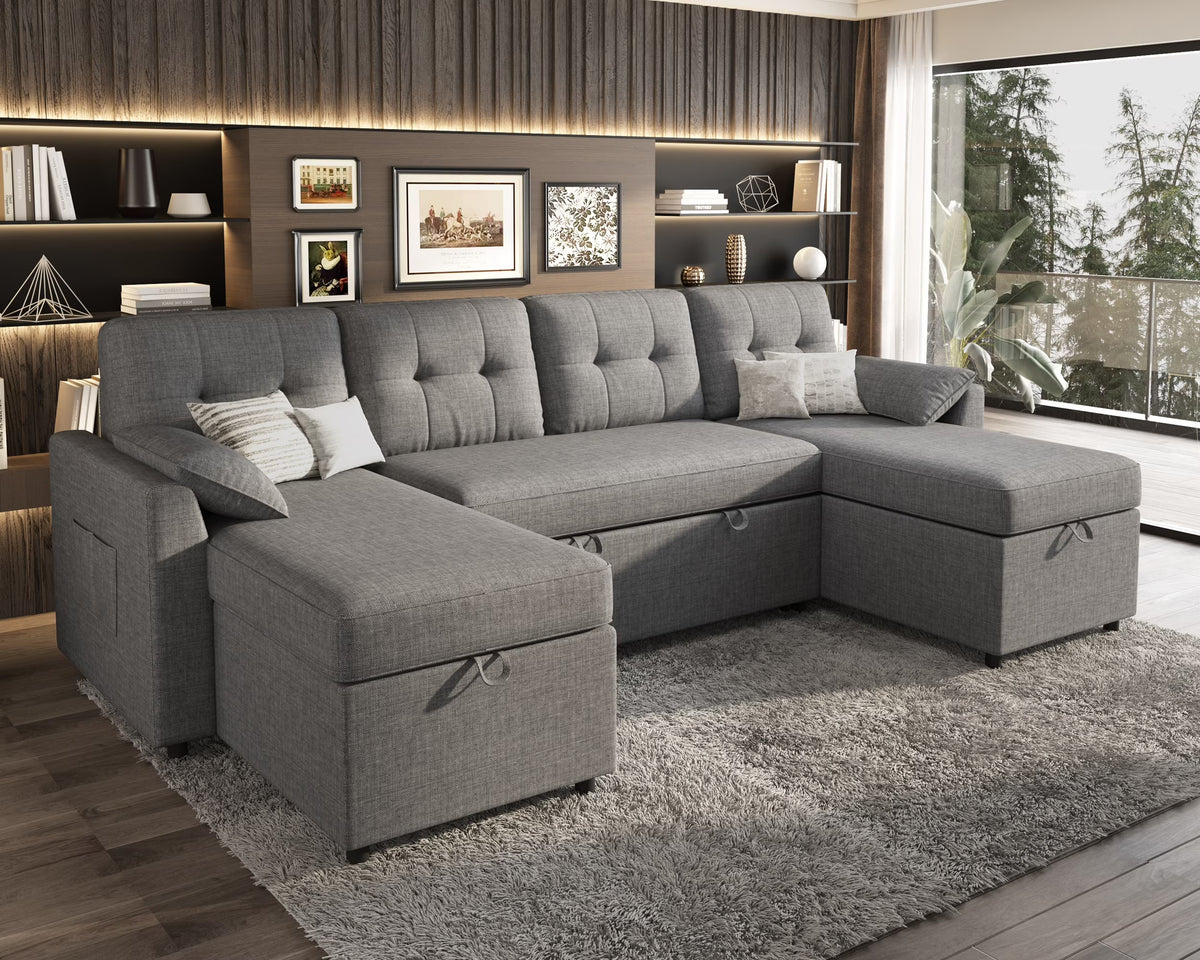 Sleeper Sofa Bed Amerlife Linen Grey / 4 Seats