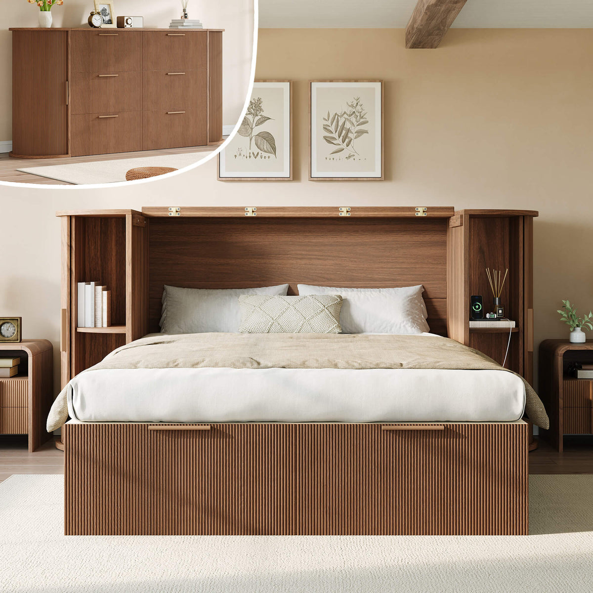 Fluturo Storage Murphy Bed Cabinet Amerlife Queen / Brown