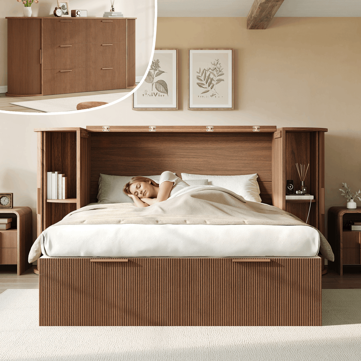 Fluturo Storage Murphy Bed Cabinet Amerlife Queen / Brown