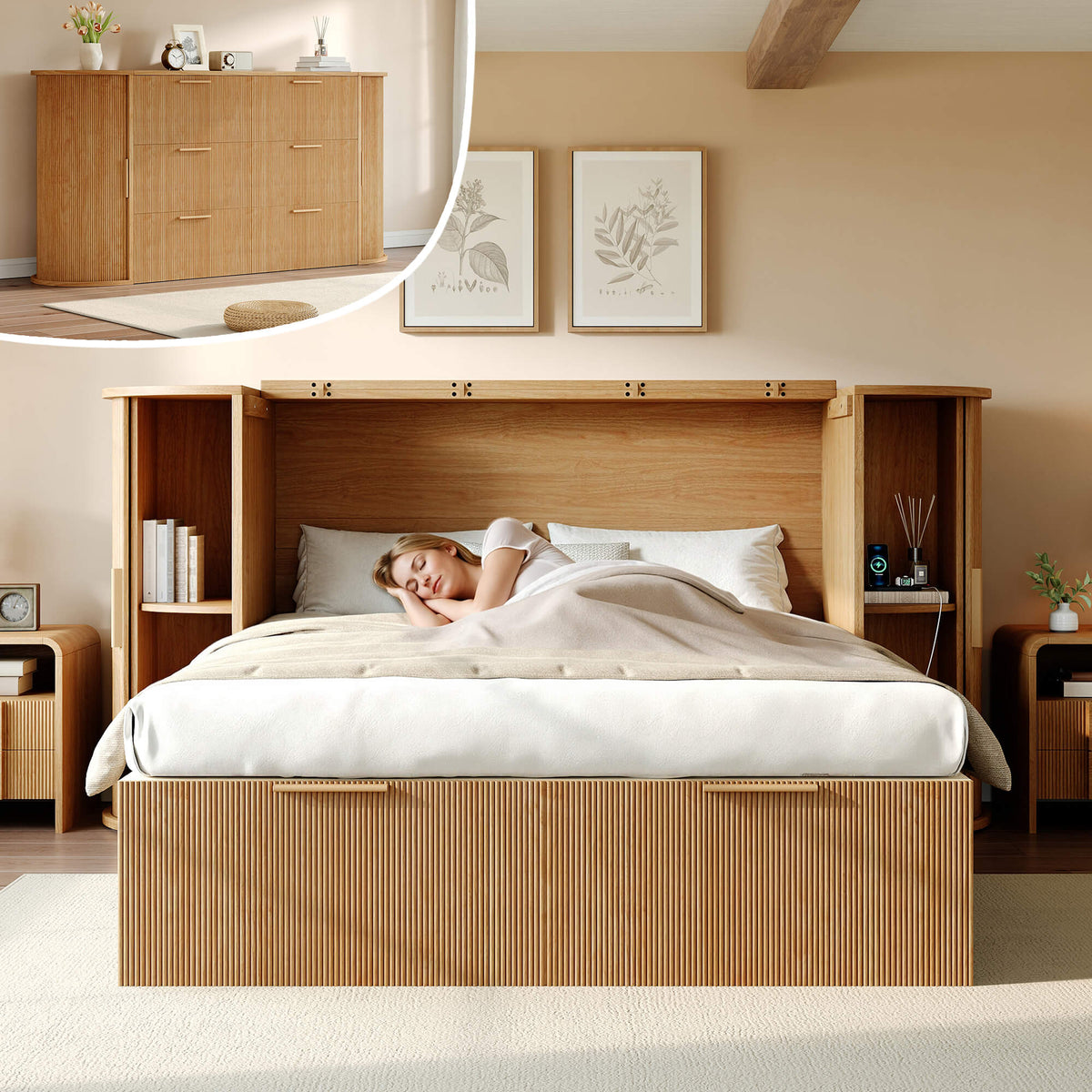 Fluturo Storage Murphy Bed with sliding tambour door Queen / Natural Oak