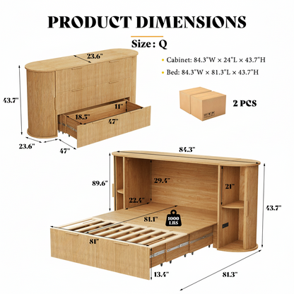 Fluturo Storage Murphy Bed with sliding tambour door Queen / Natural Oak