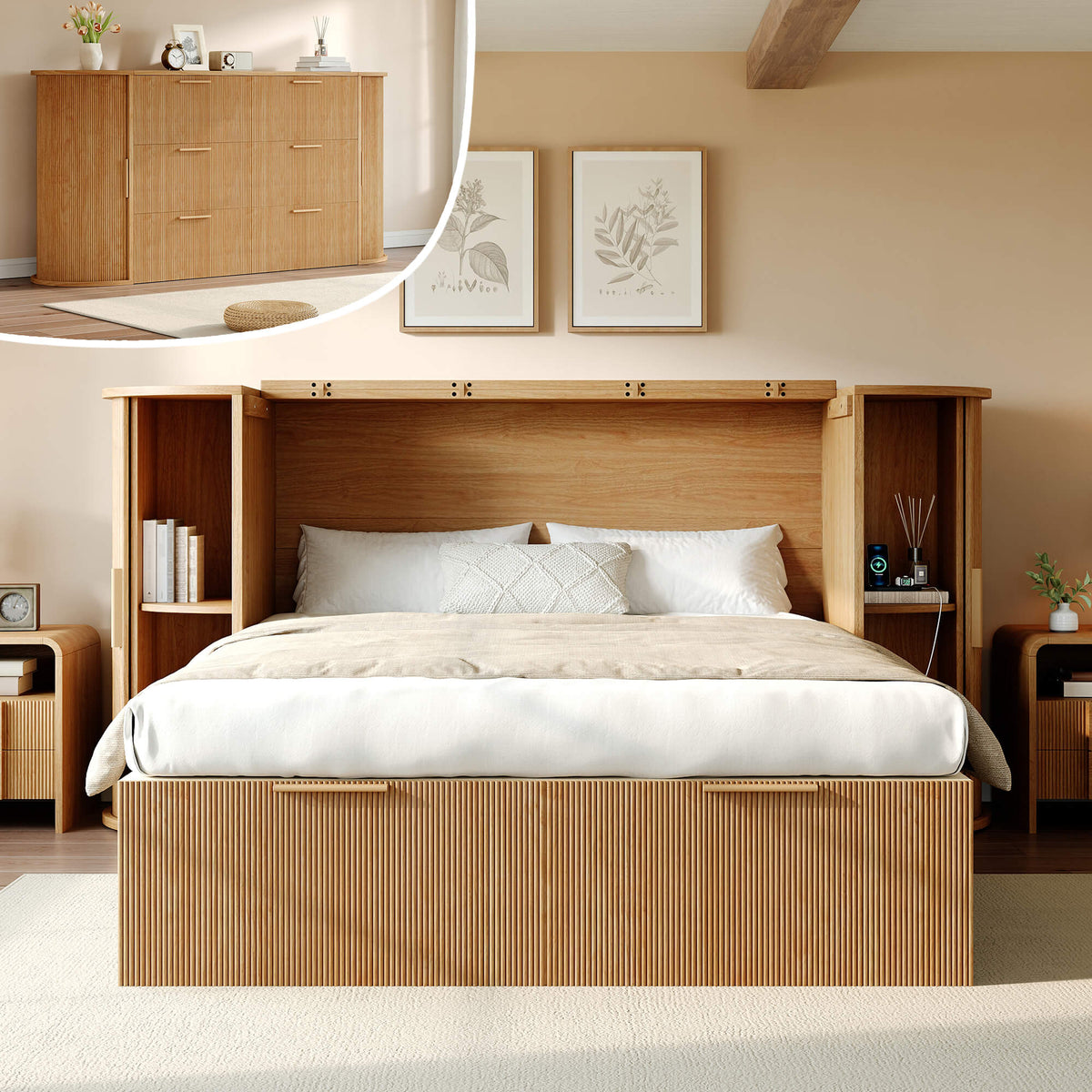 Fluturo Storage Murphy Bed with sliding tambour door Queen / Natural Oak