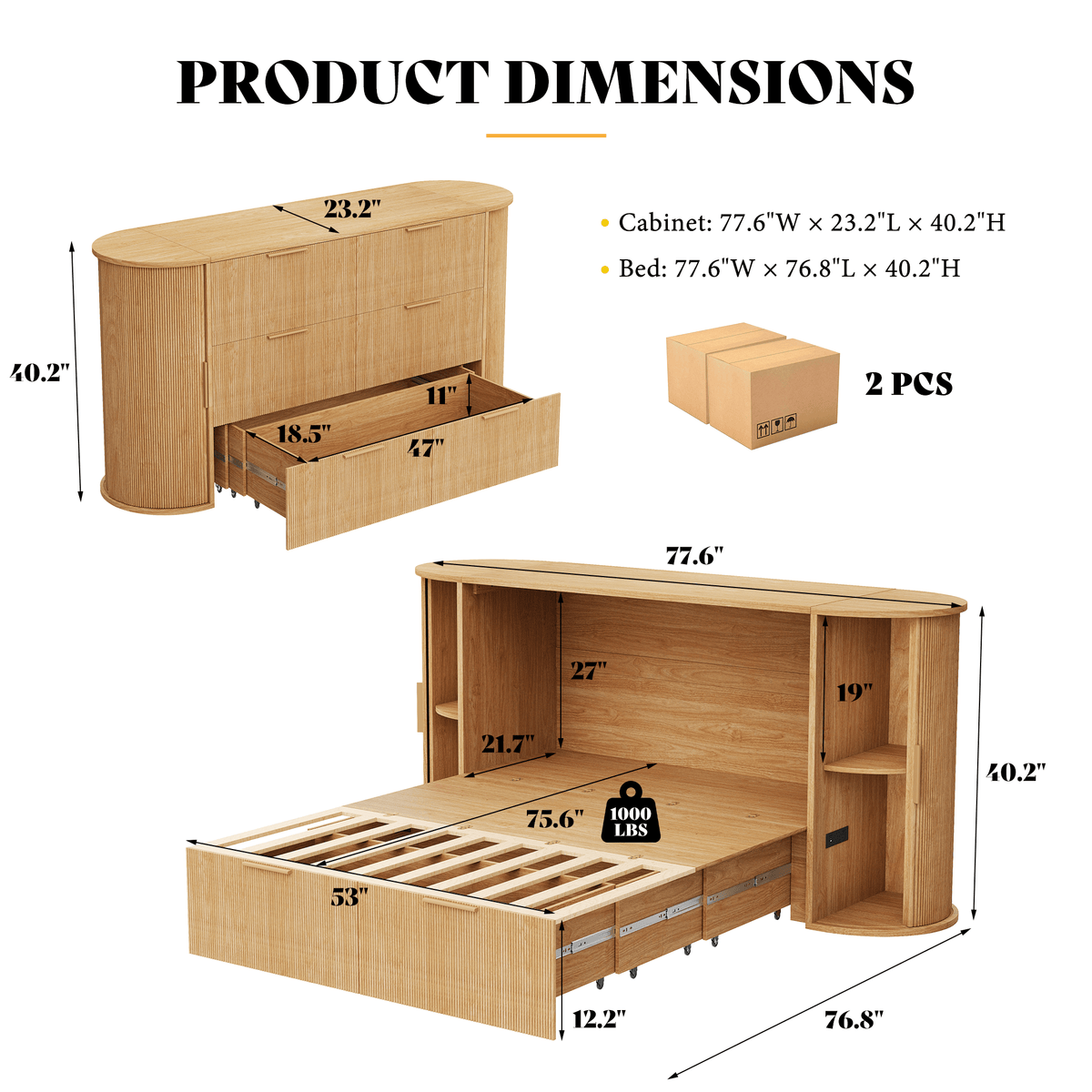 Fluturo Storage Murphy Bed with sliding tambour door Queen / Natural Oak