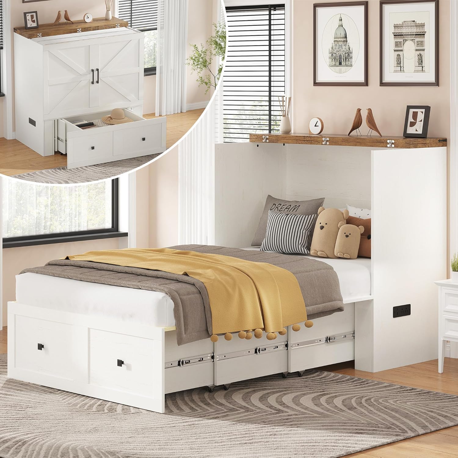 Colton Foldable Murphy Bed Amerlife Twin / Rustic White