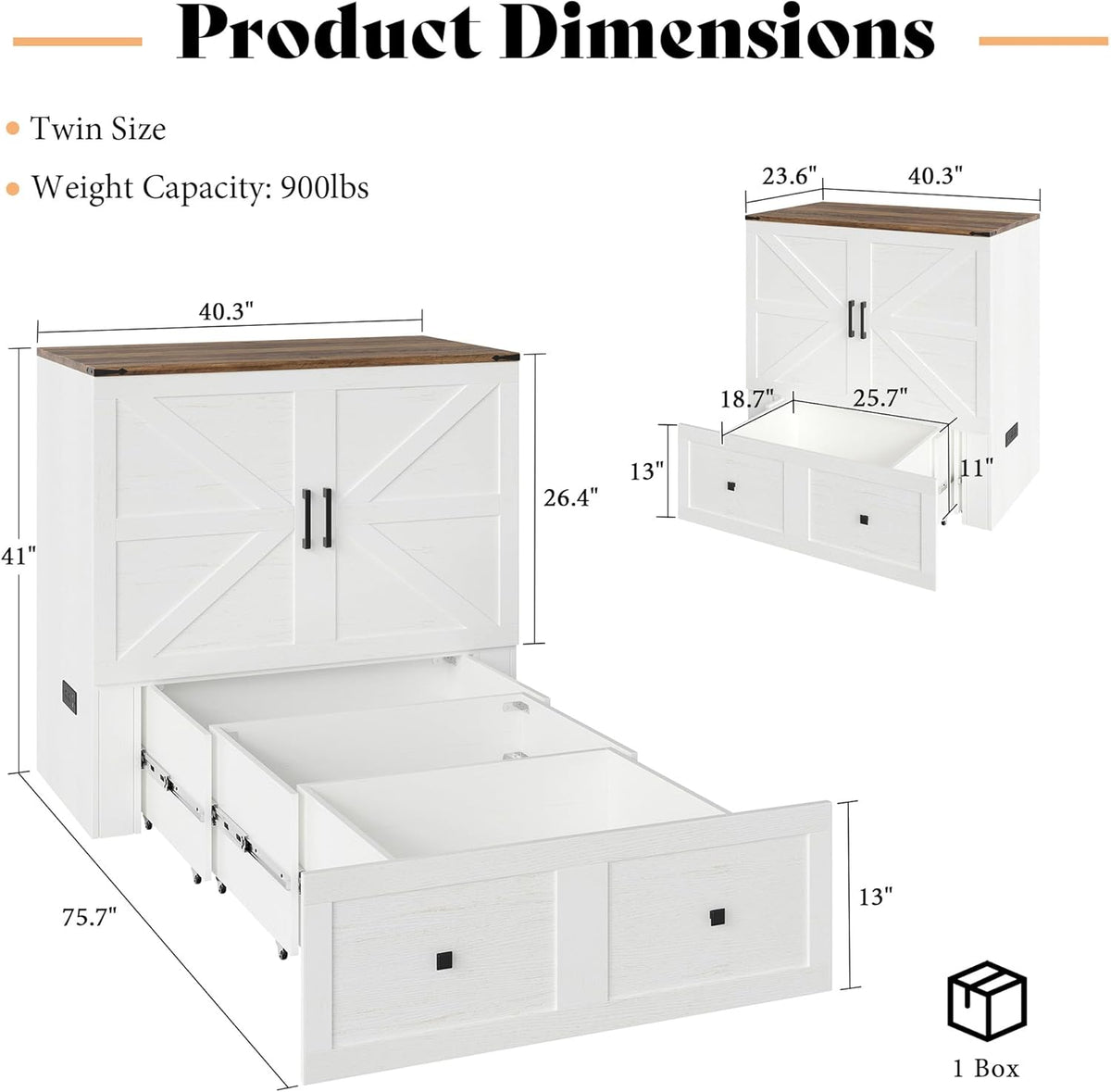 Colton Foldable Murphy Bed Amerlife Twin / Rustic White