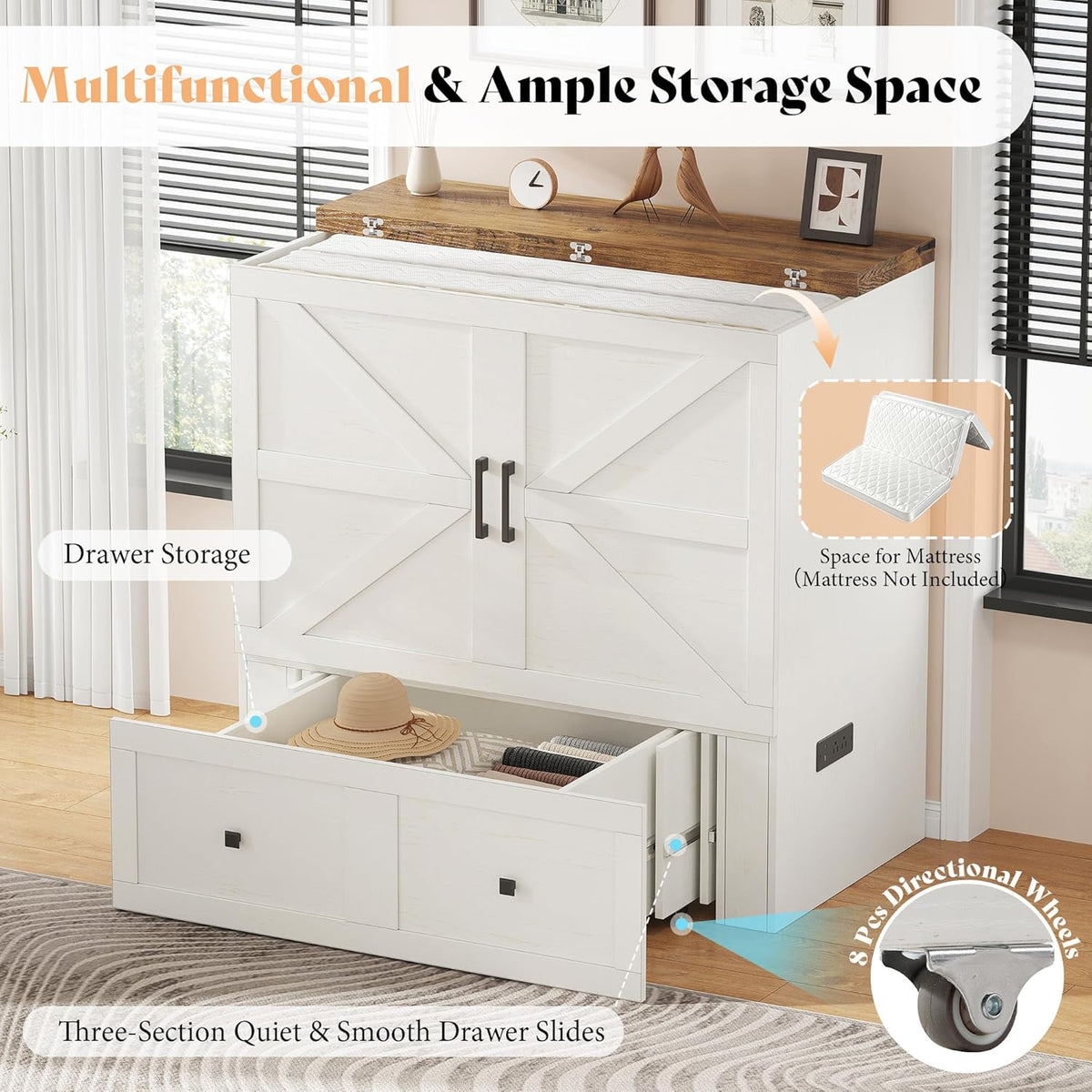 Colton Foldable Murphy Bed Amerlife Twin / Rustic White