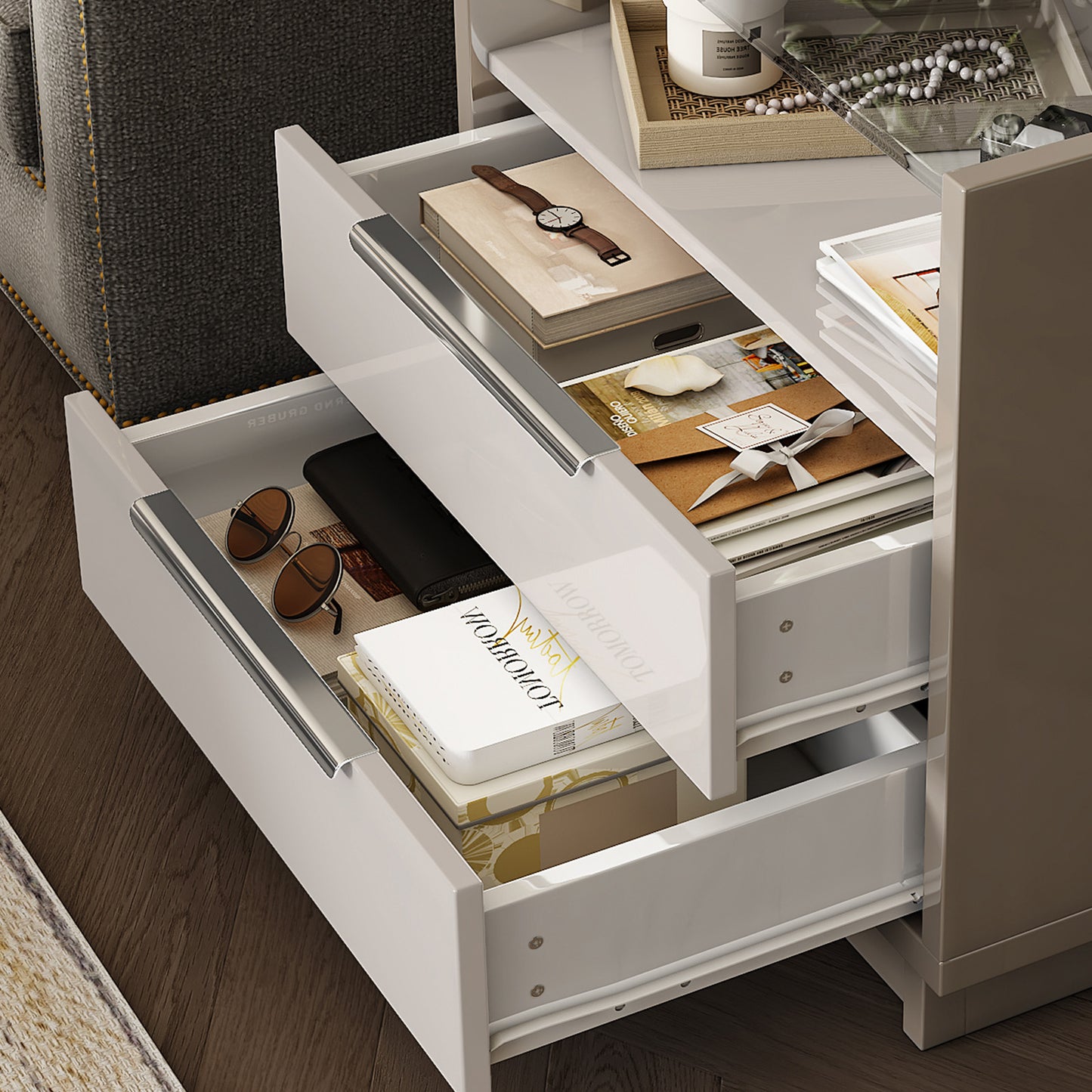 Kino Nightstands 23.6" High Gloss - Pair / White&Gray