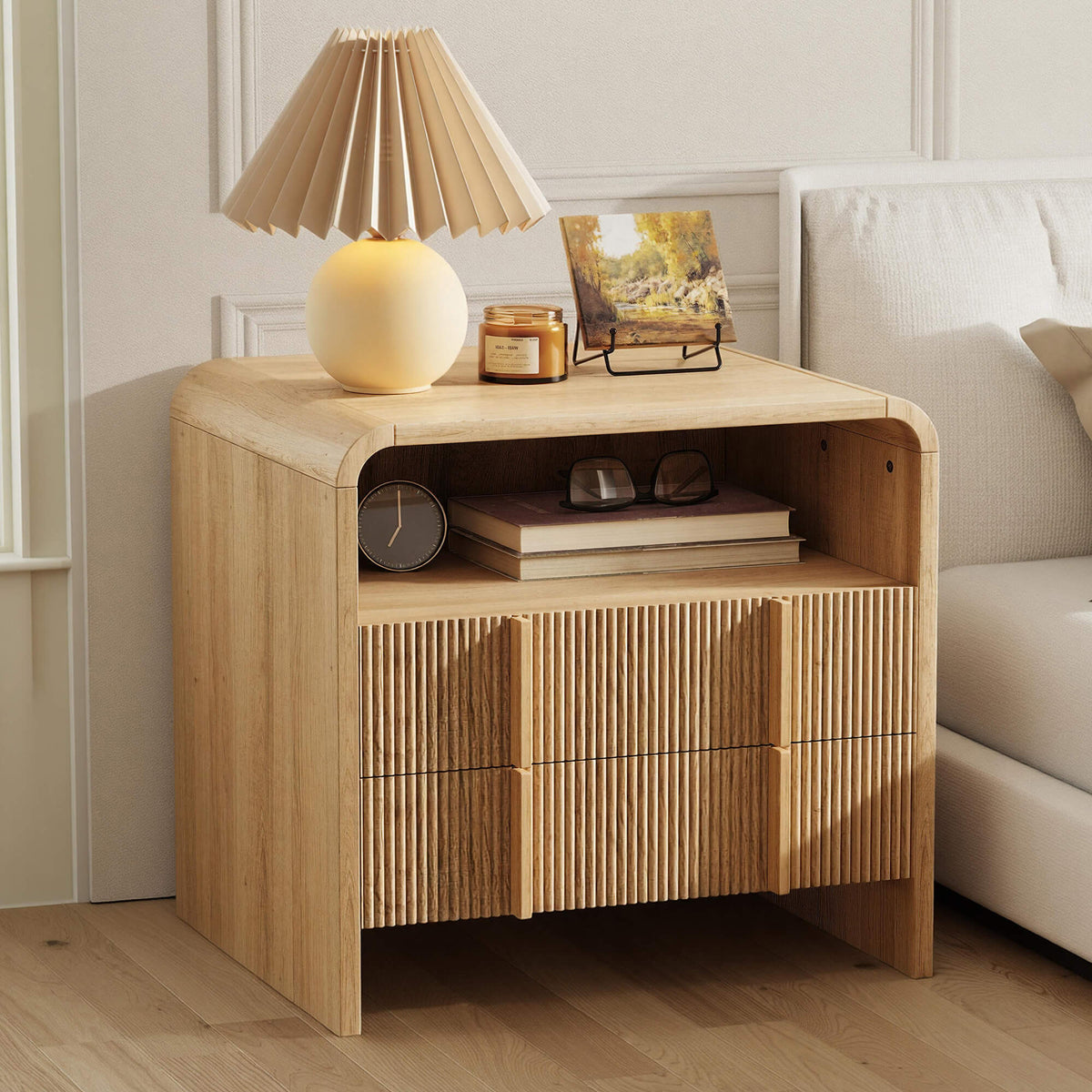 Fynora Fluted Nightstand with Drawers - Oak