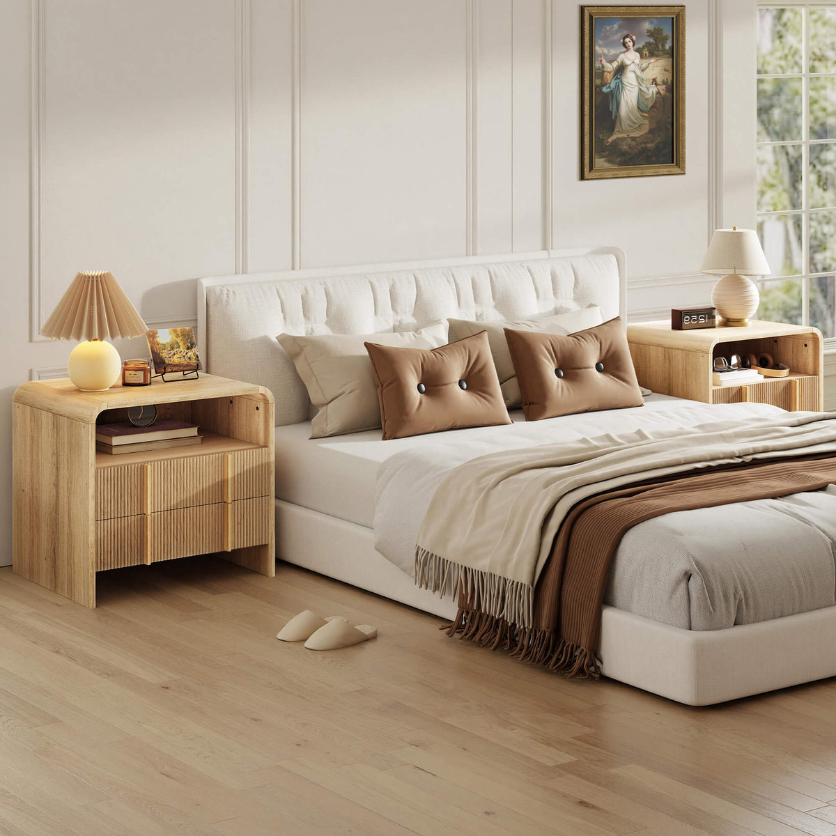 Fynora Fluted Nightstand with Drawers - Oak